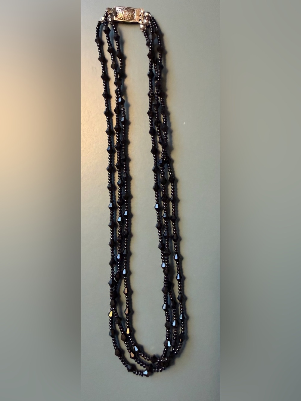 Vintage Three-Strand Black Faceted Bead Necklace w/ Decorative Clasp